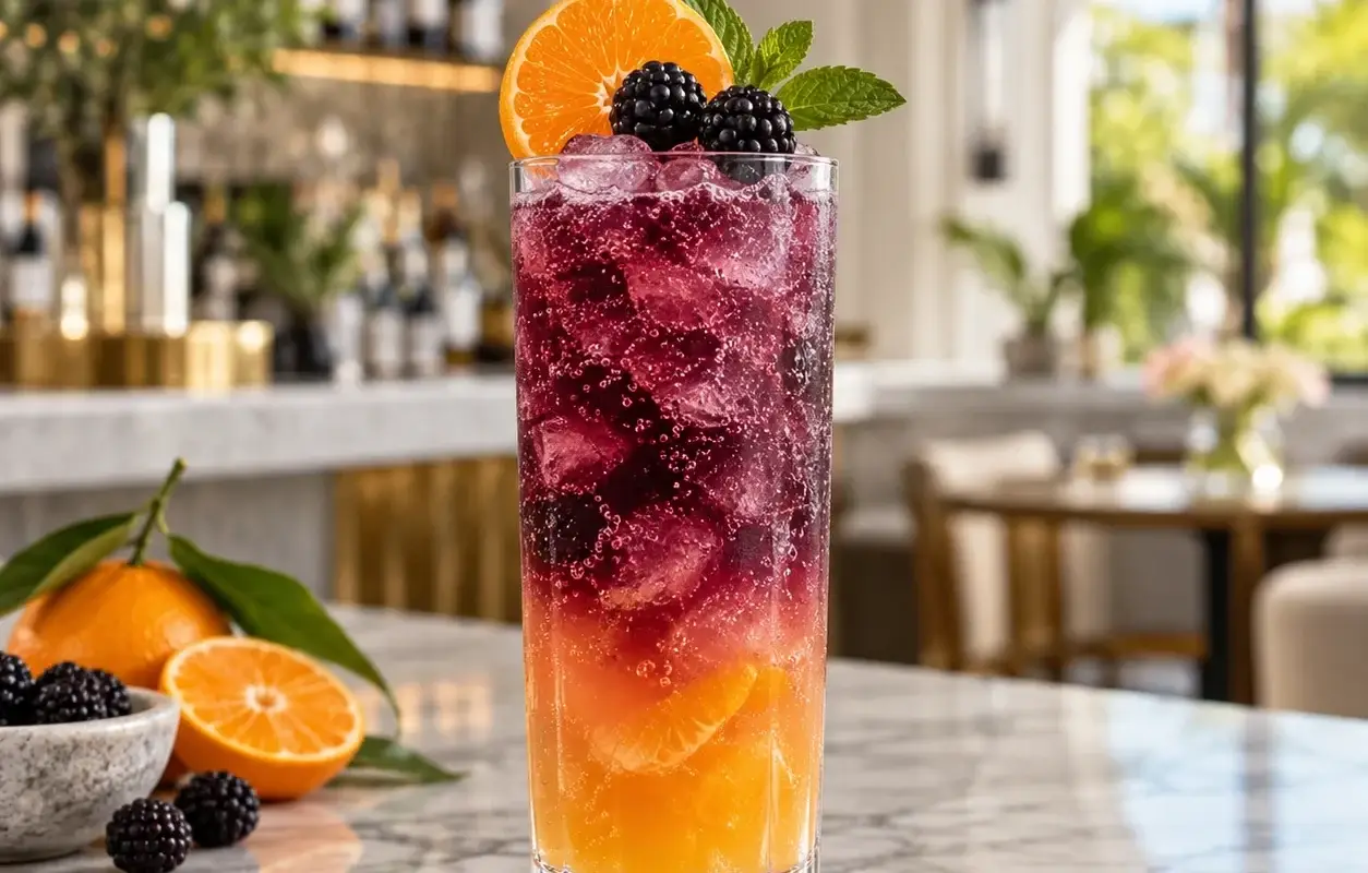 Mocktail de zarzamora con mandarina y pulpa Pulpamia para restaurantes