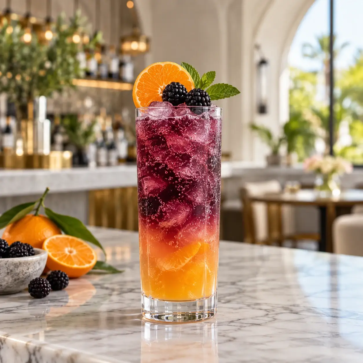 Mocktail de zarzamora con mandarina y pulpa Pulpamia para restaurantes