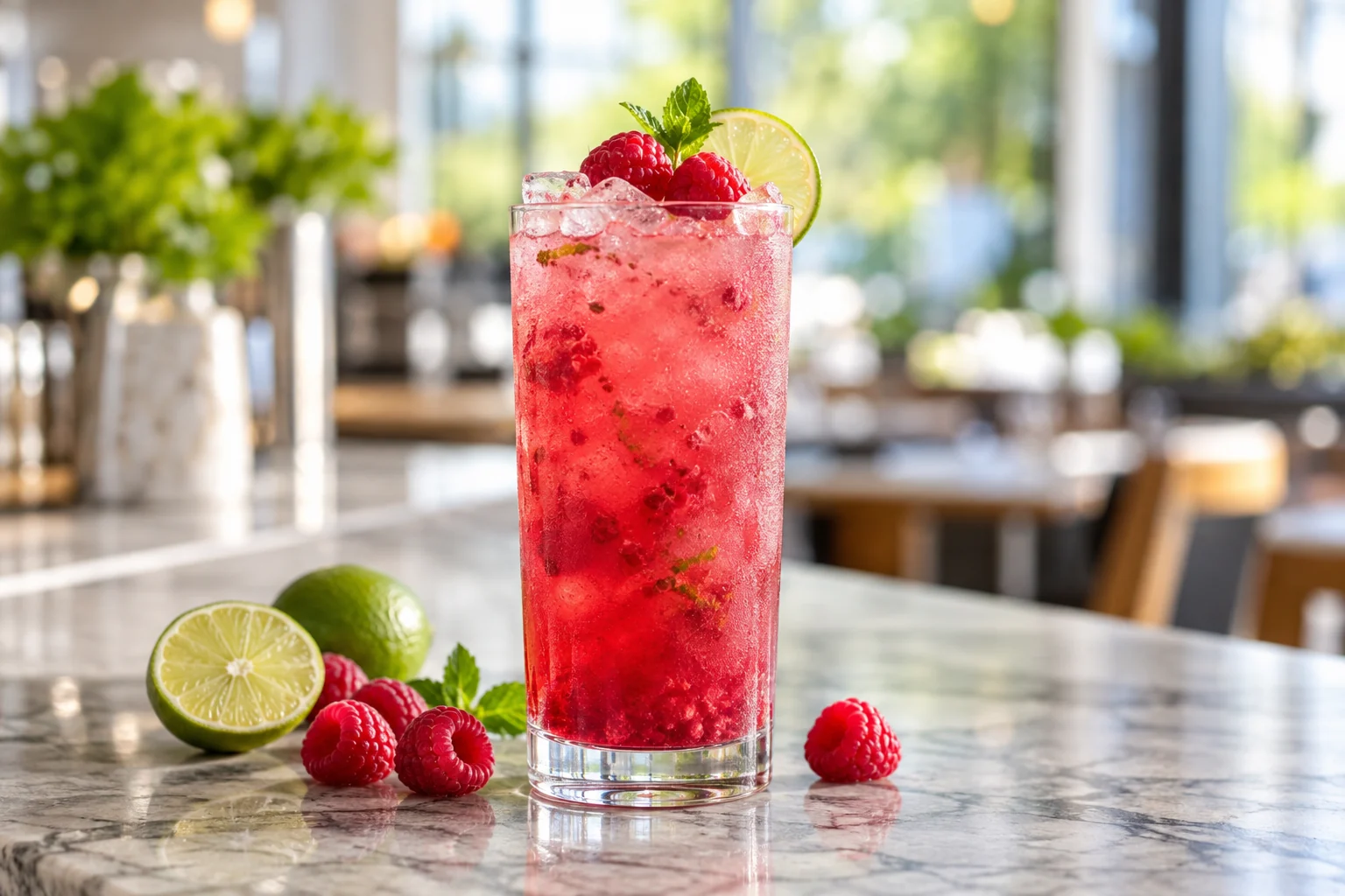 Refresher de frambuesa con limon y pulpa Pulpamia para restaurantes