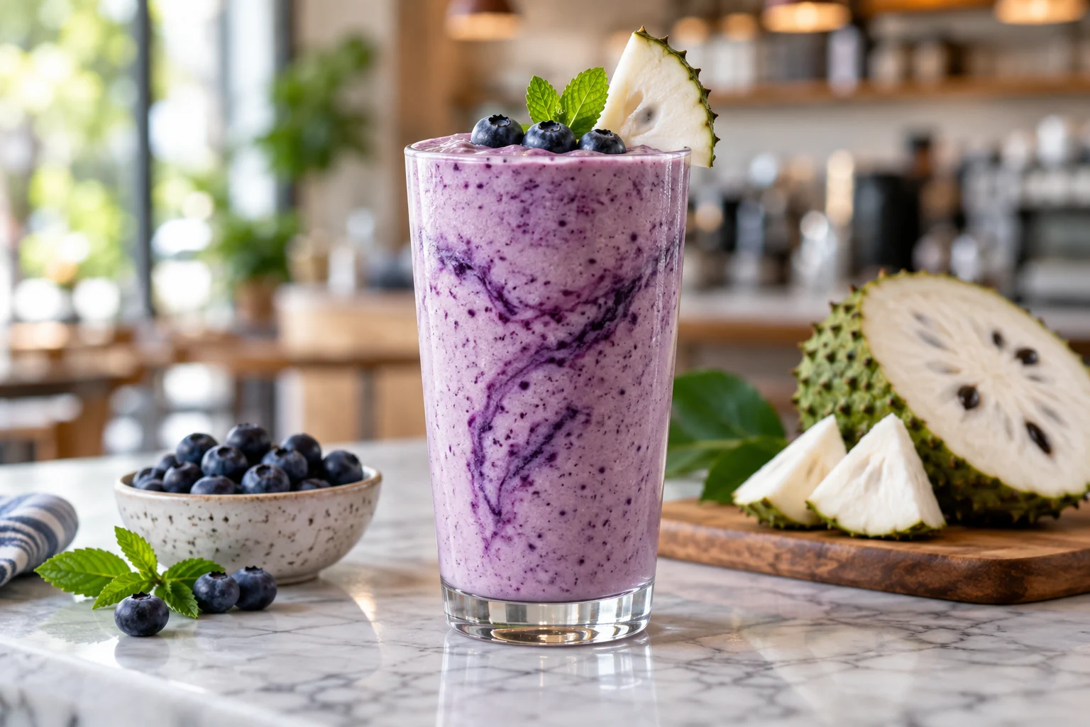 Smoothie de blueberry con guanabana y pulpa Pulpamia para cafeterias