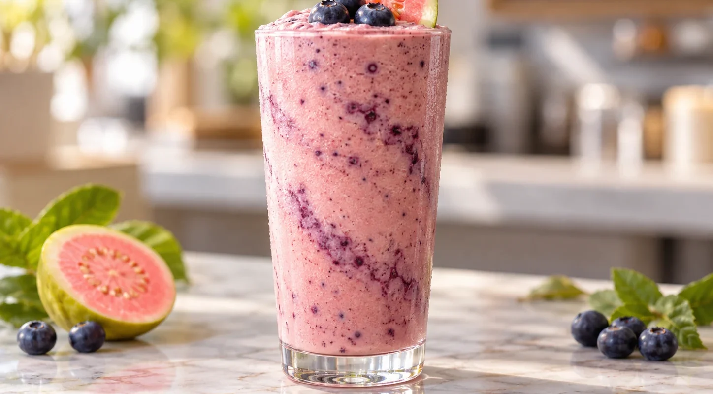 Smoothie de guayaba rosa con blueberry y pulpa Pulpamia para cafeterias