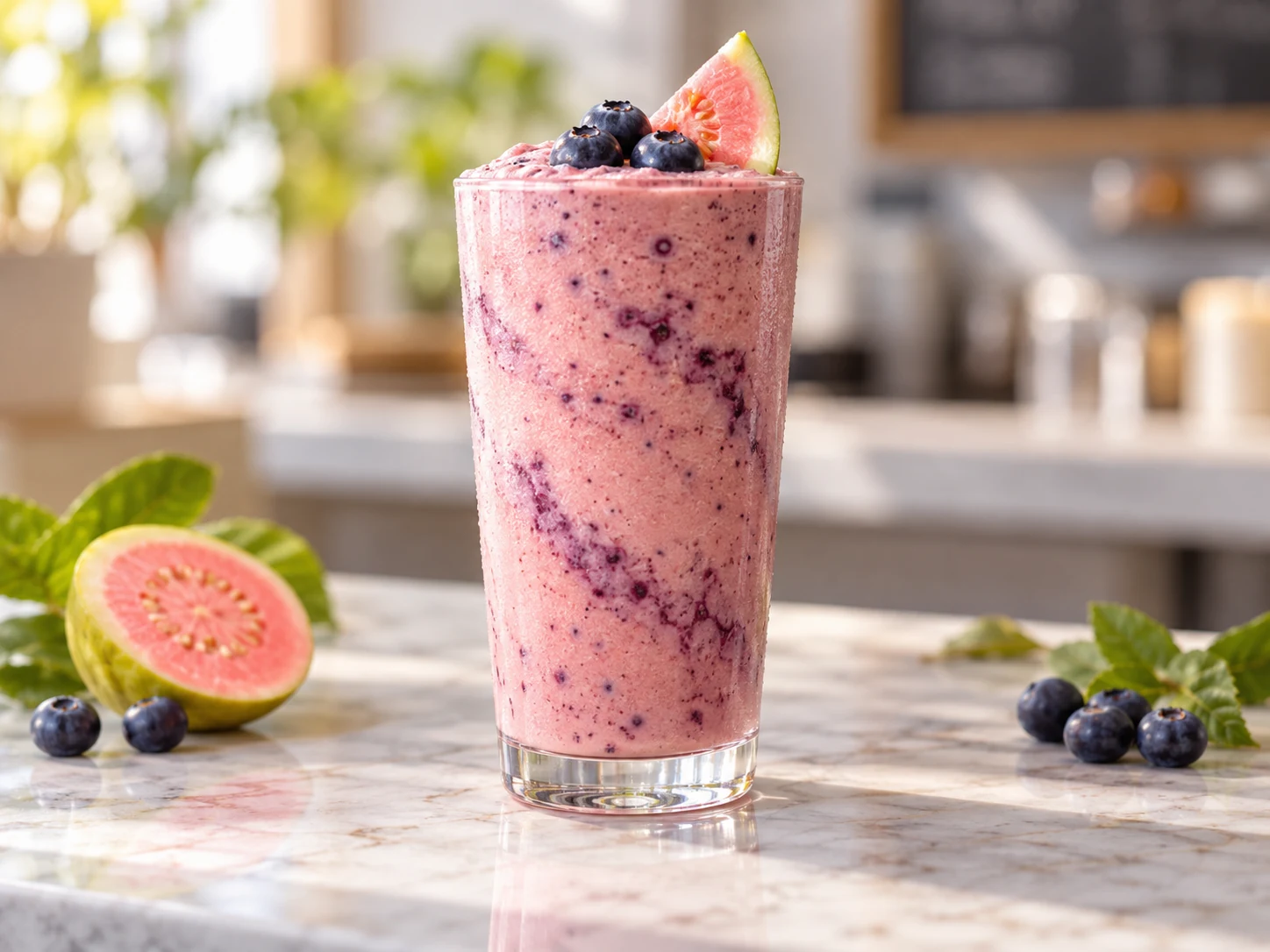 Smoothie de guayaba rosa con blueberry y pulpa Pulpamia para cafeterias
