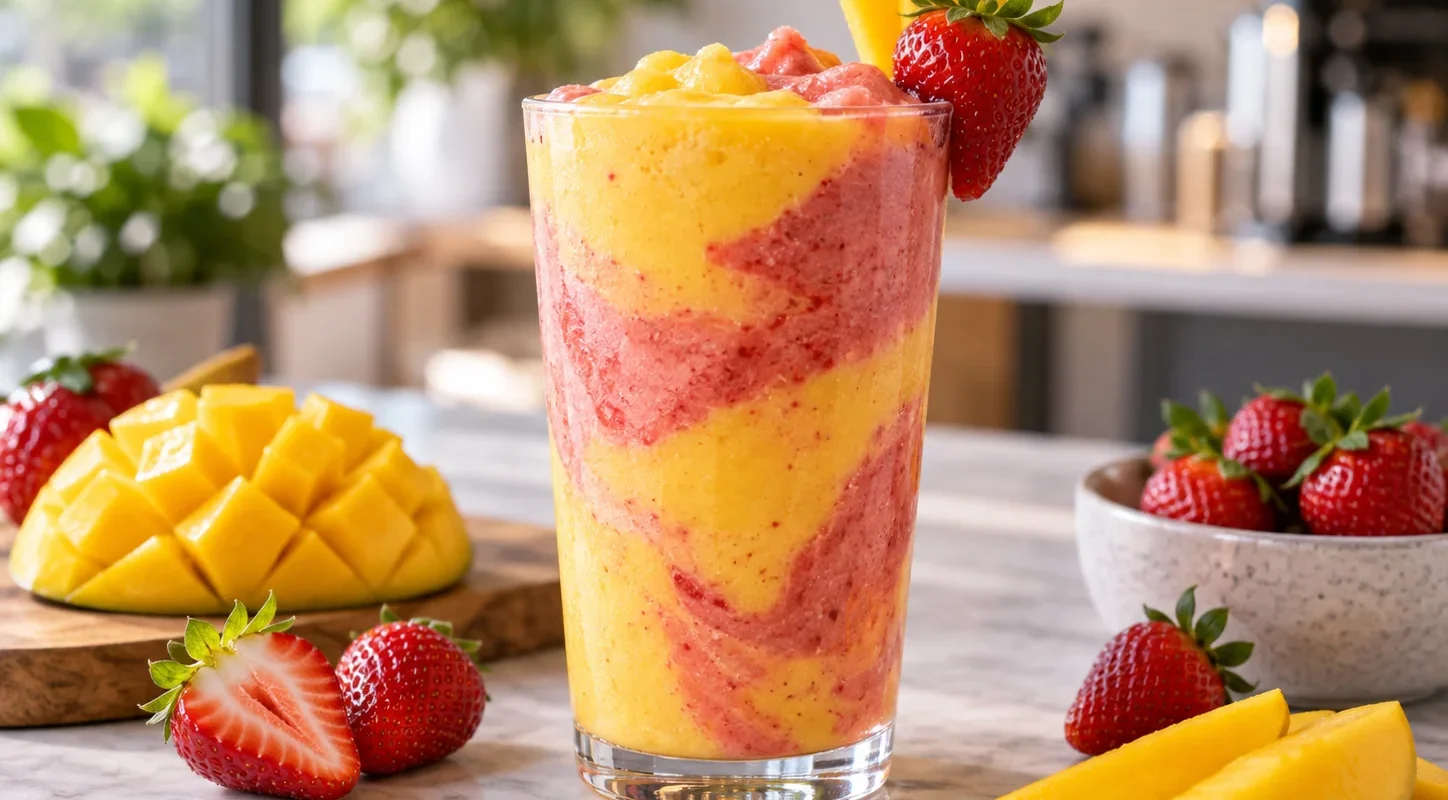 Smoothie de mango con fresa y pulpa Pulpamia para cafeterias
