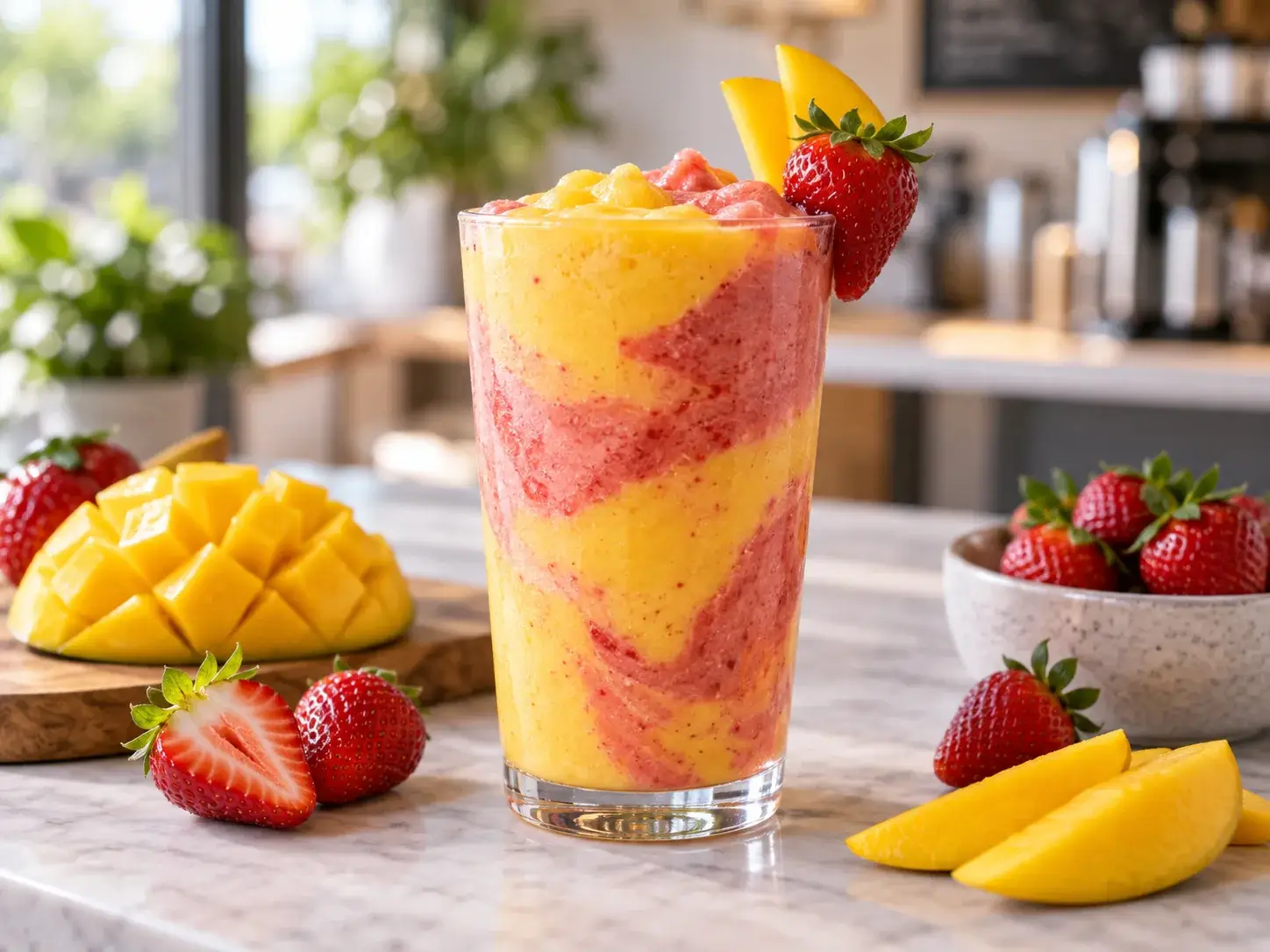 Smoothie de mango con fresa y pulpa Pulpamia para cafeterias