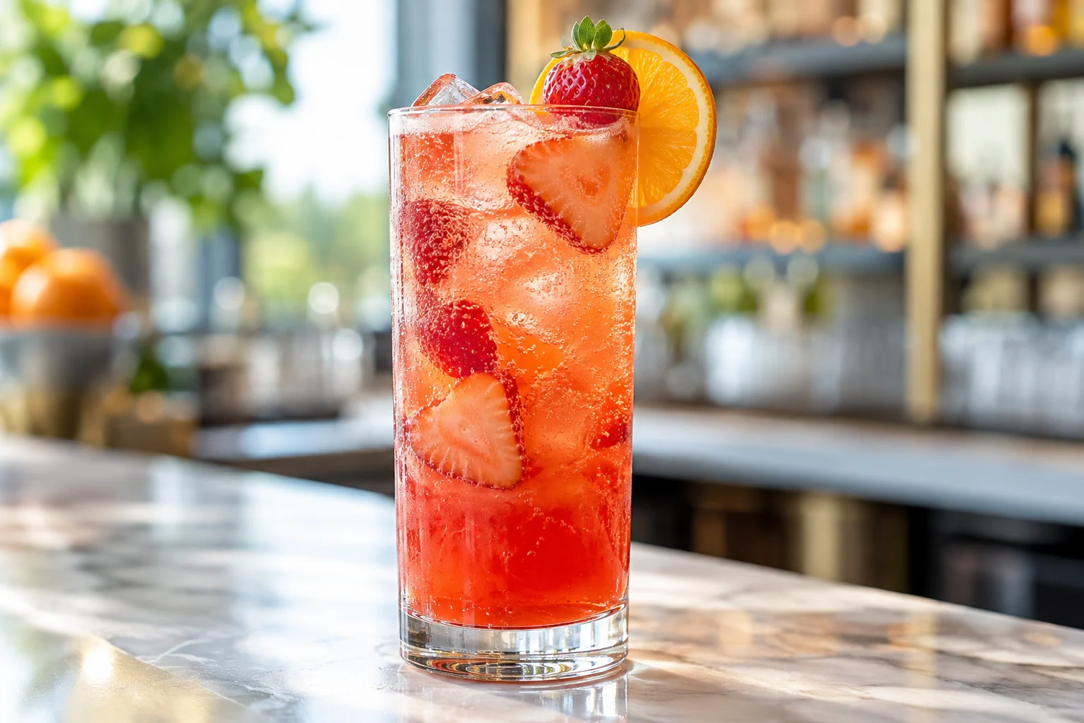 Soda de fresa con naranja y pulpa Pulpamia para restaurantes