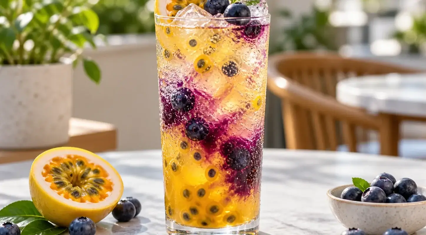 Soda de maracuya con blueberry y pulpa Pulpamia para bares