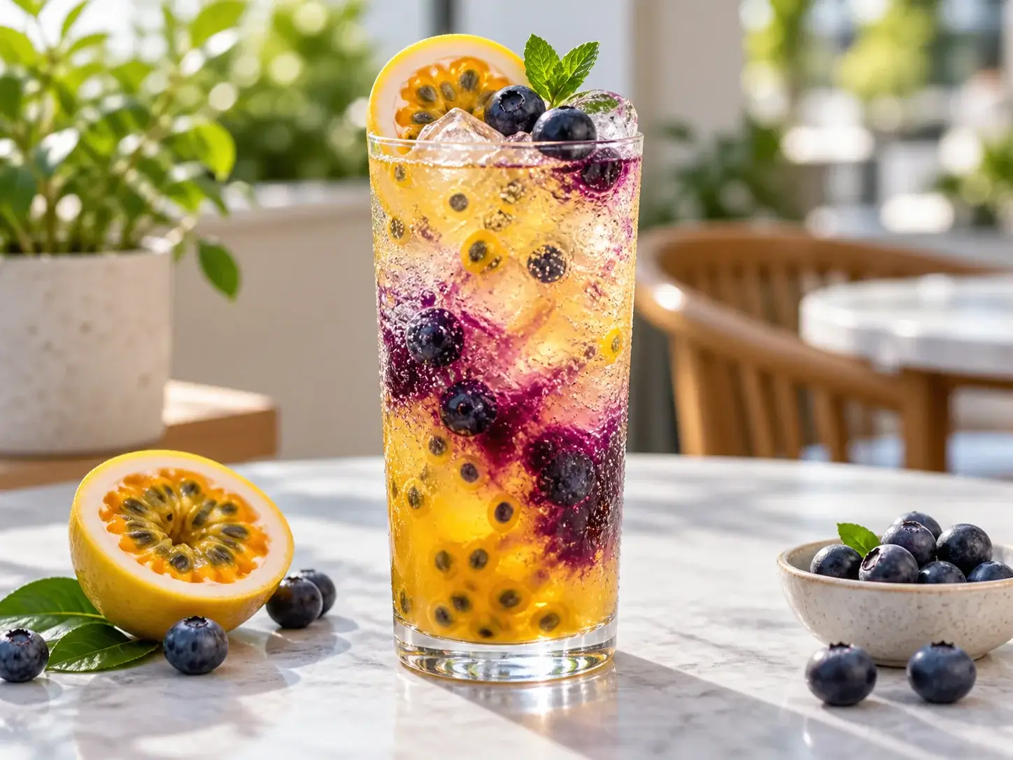 Soda de maracuya con blueberry y pulpa Pulpamia para bares