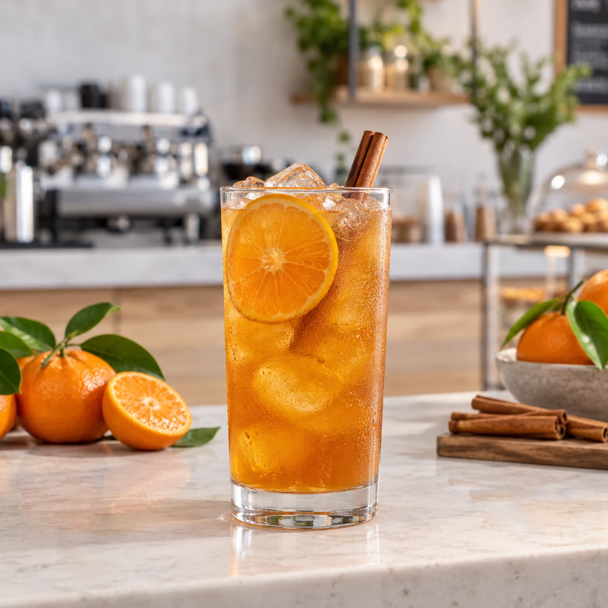 Te frio de mandarina con canela y pulpa Pulpamia para cafeterias