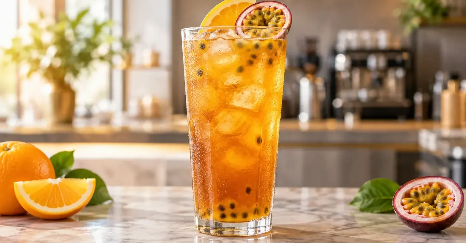 Te frio de maracuya con naranja y pulpa Pulpamia para cafeterias