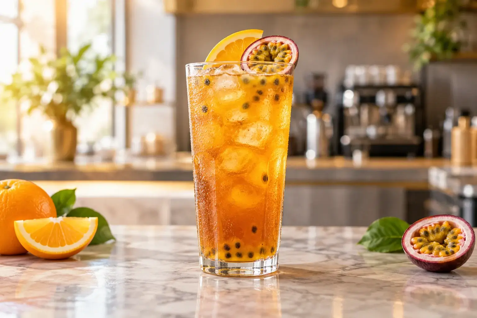 Te frio de maracuya con naranja y pulpa Pulpamia para cafeterias