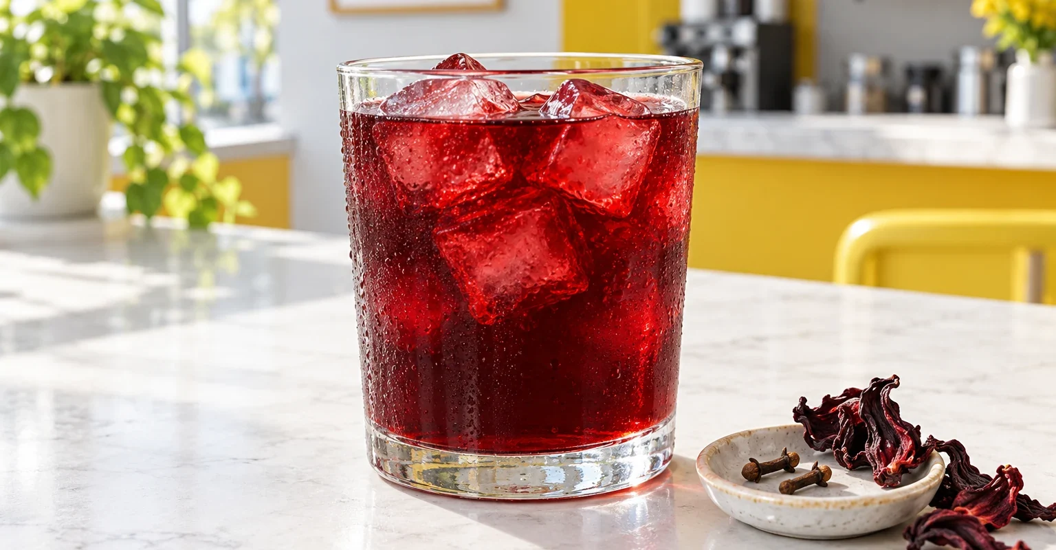 Agua de jamaica con clavo en vaso con hielo y especias fuera de la bebida, ilustración