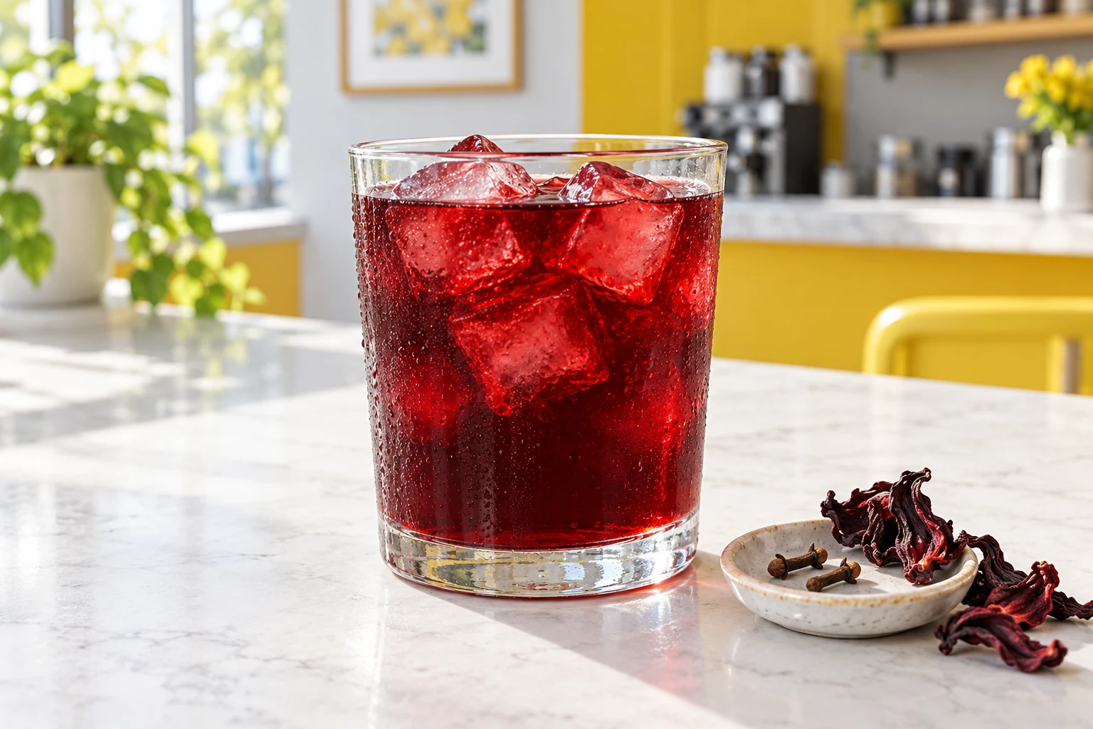 Agua de jamaica con clavo en vaso con hielo y especias fuera de la bebida, ilustración