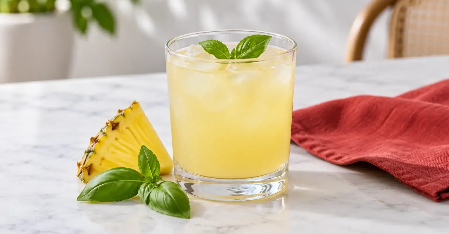 Agua de piña con albahaca en vaso con hielo y hojas frescas, ilustración