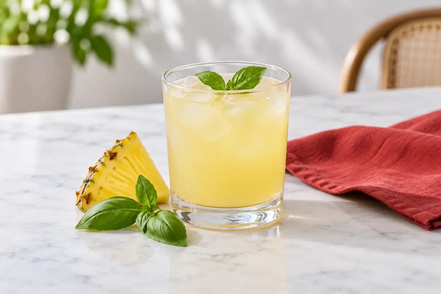 Agua de piña con albahaca en vaso con hielo y hojas frescas, ilustración