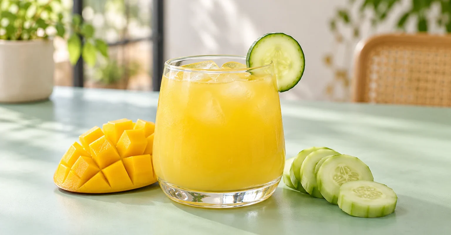 Agua fresca de mango con pepino en vaso con hielo y una rodaja de pepino, ilustración