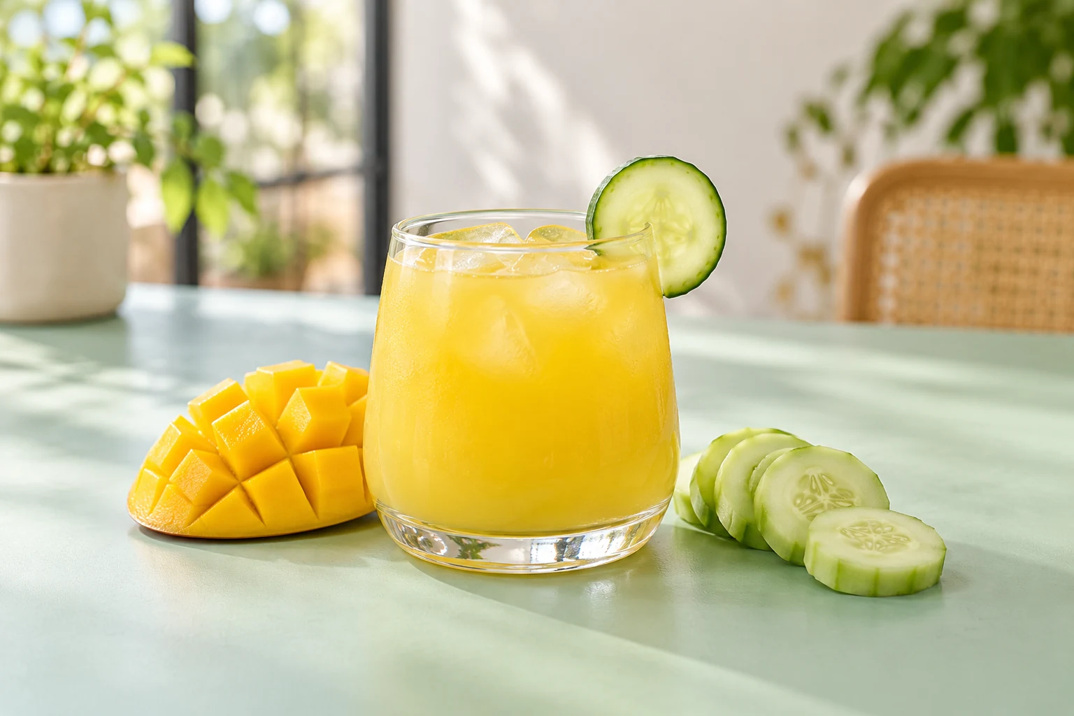 Agua fresca de mango con pepino en vaso con hielo y una rodaja de pepino, ilustración