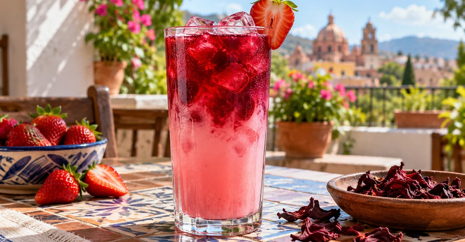 Agua fresca de fresa con jamaica y pulpa Pulpamia para restaurantes