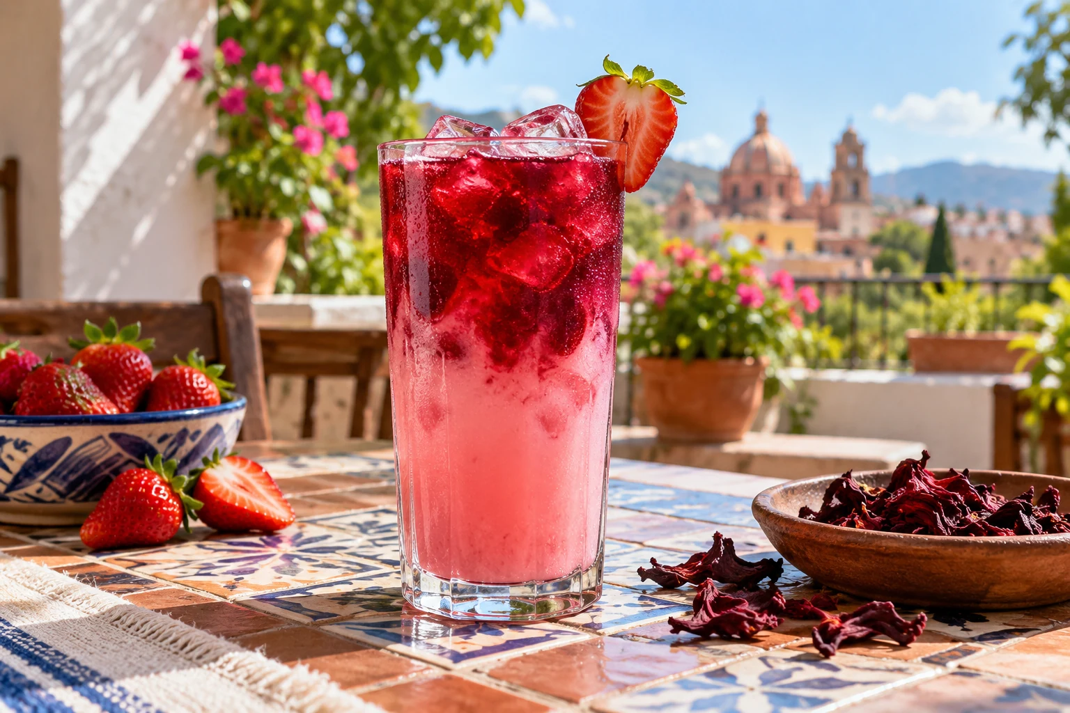 Agua fresca de fresa con jamaica y pulpa Pulpamia para restaurantes