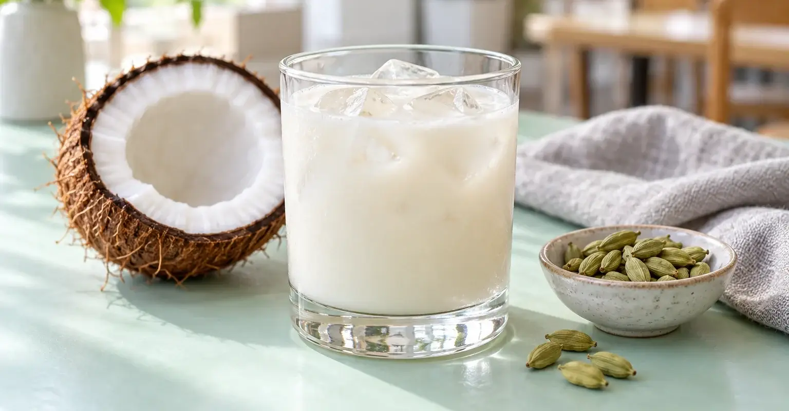 Bebida fría de coco con cardamomo en vaso con hielo junto a coco y especias, ilustración