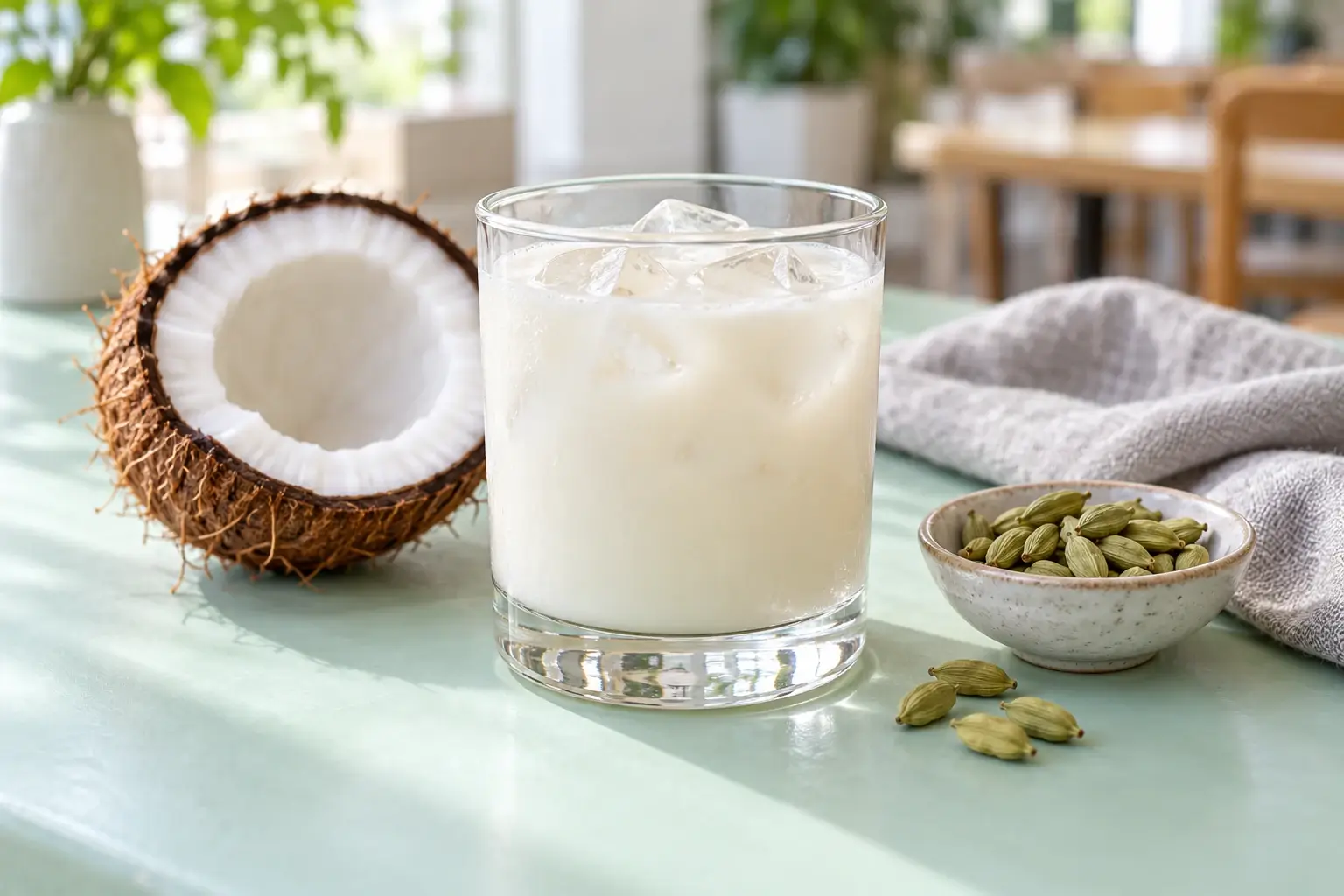 Bebida fría de coco con cardamomo en vaso con hielo junto a coco y especias, ilustración