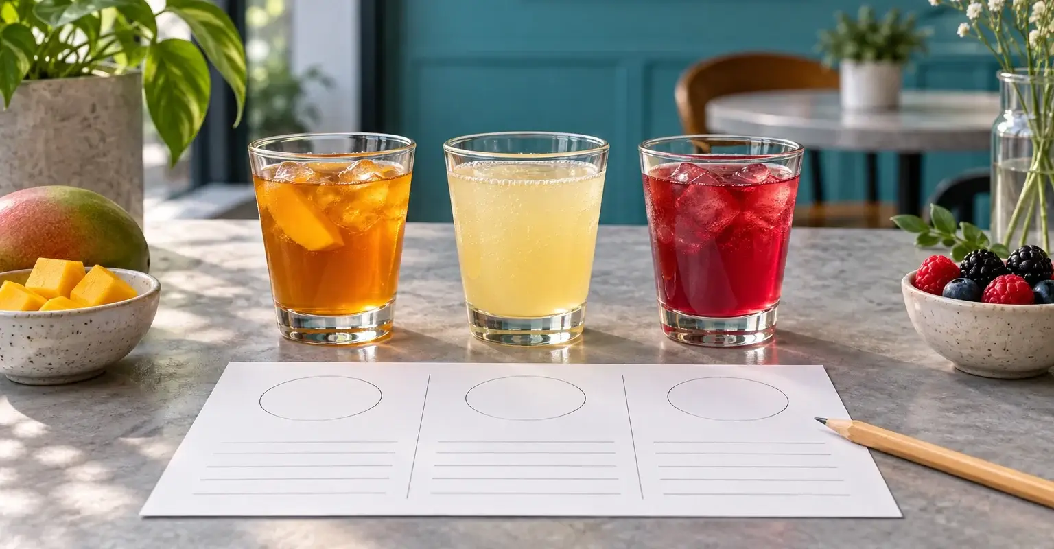 Degustación de bebidas para cafeterías: tres vasos de muestra y hoja de notas, ilustración