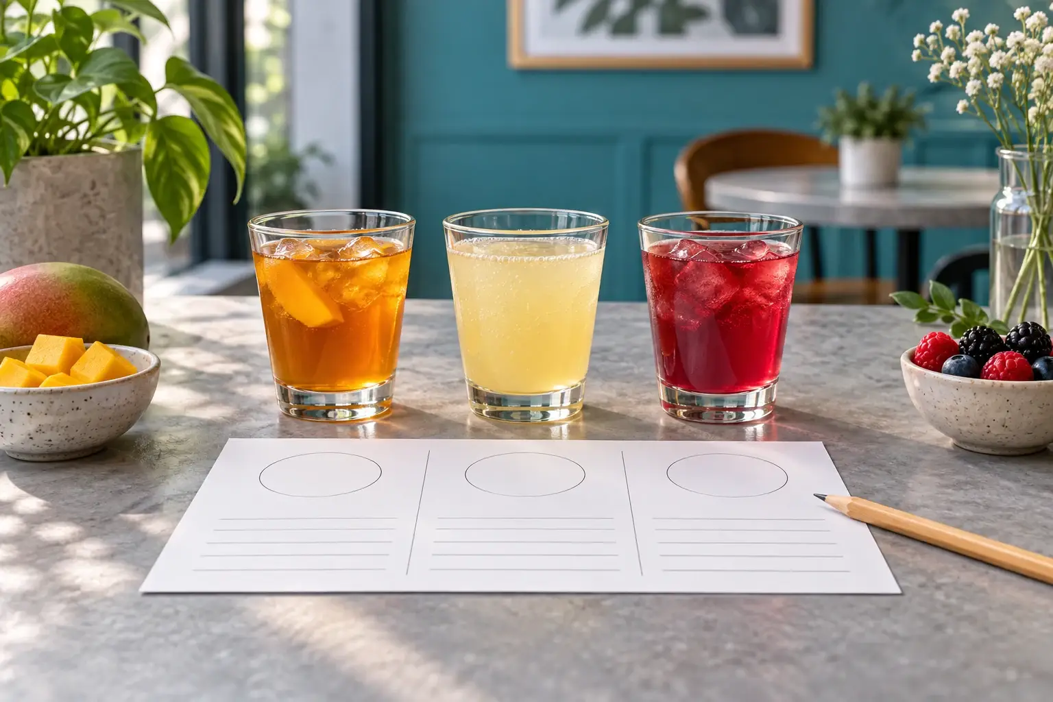 Degustación de bebidas para cafeterías: tres vasos de muestra y hoja de notas, ilustración