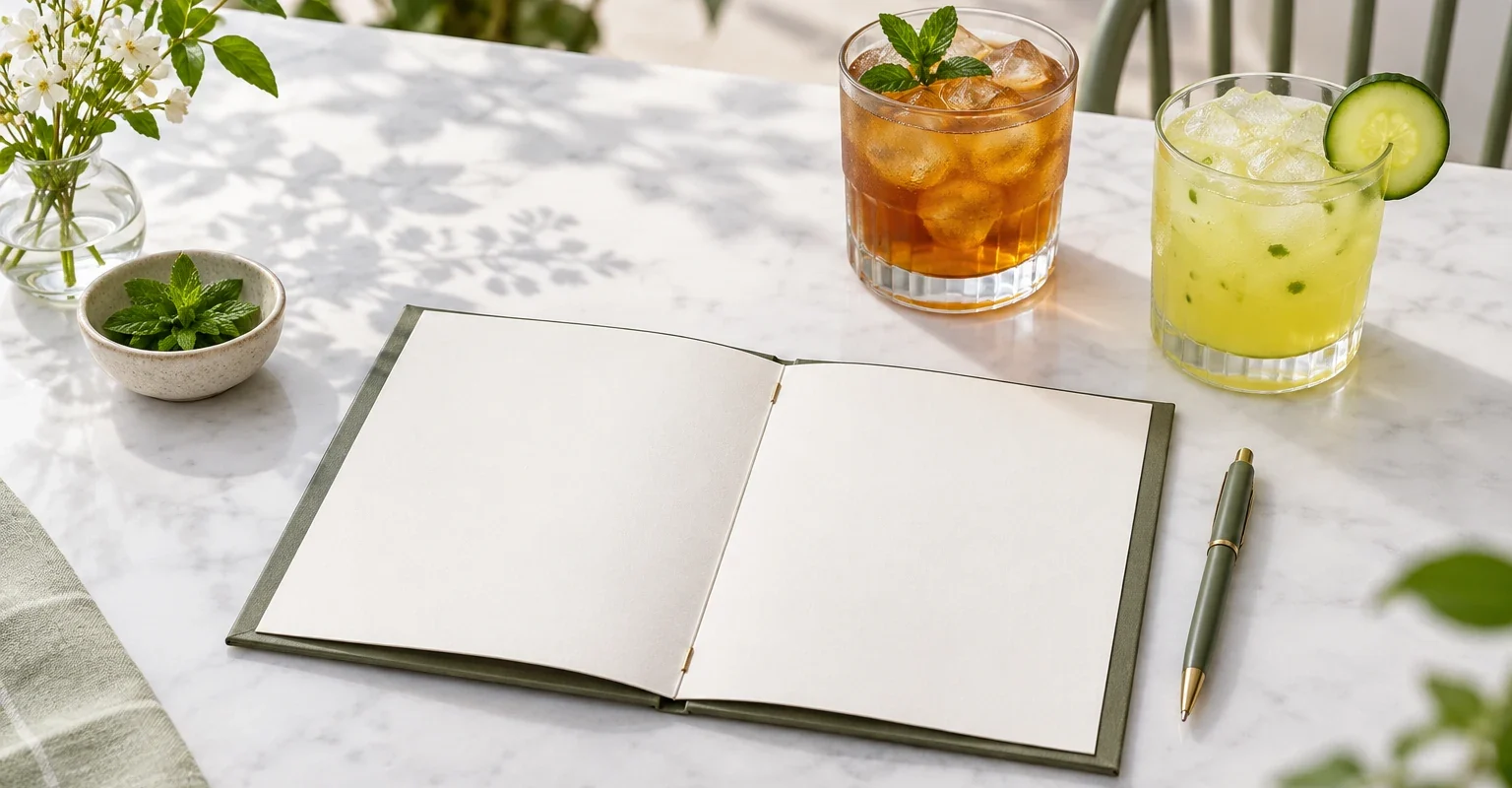 Descripciones de bebidas para menú: carta en blanco junto a dos bebidas frías, ilustración