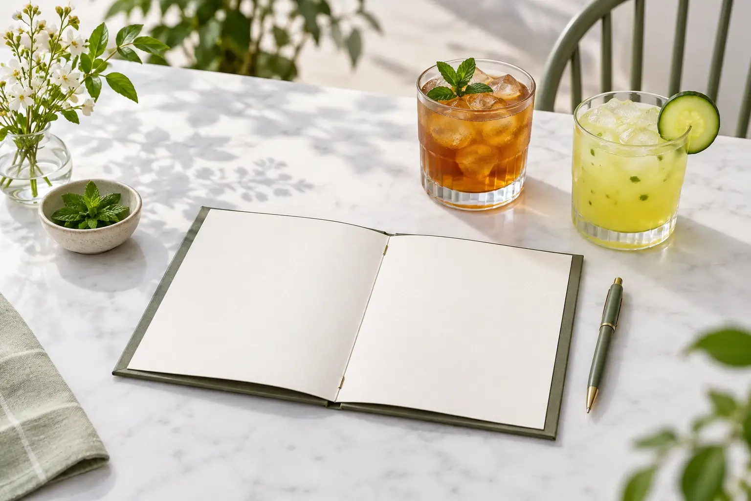 Descripciones de bebidas para menú: carta en blanco junto a dos bebidas frías, ilustración