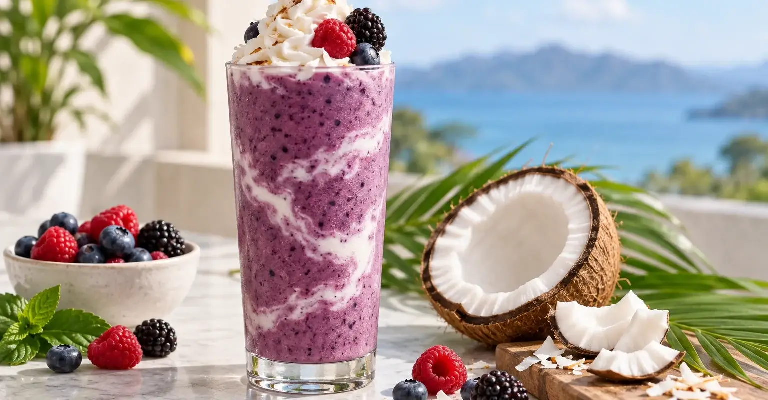 Frappe de mixberry con coco y pulpa Pulpamia para cafeterias