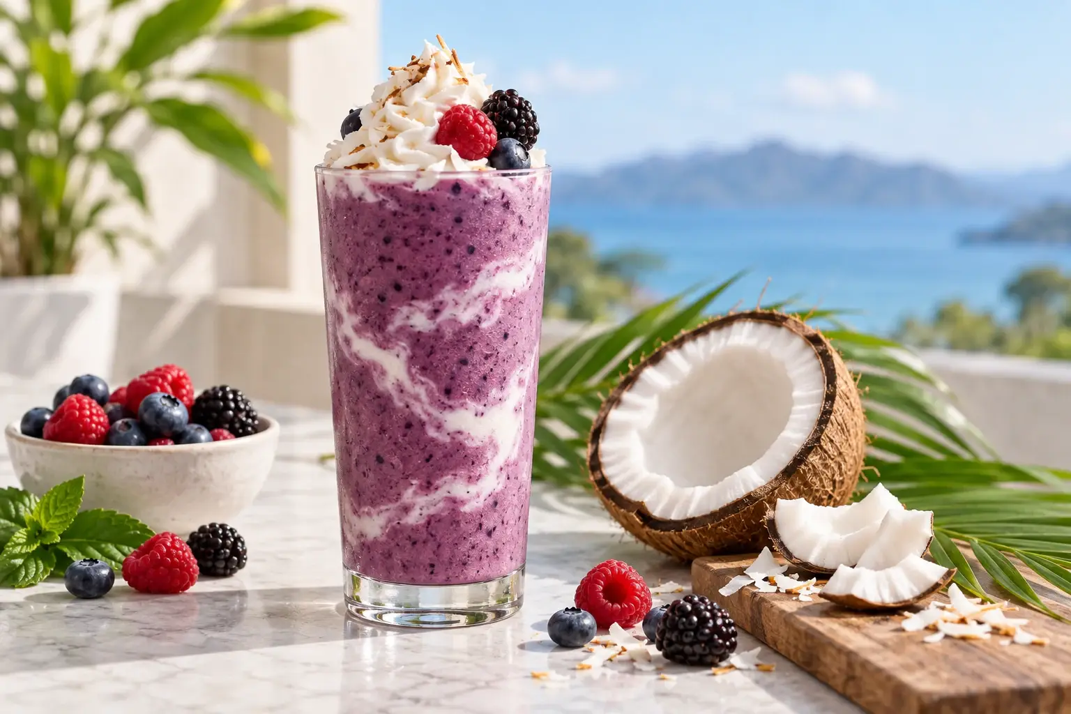 Frappe de mixberry con coco y pulpa Pulpamia para cafeterias