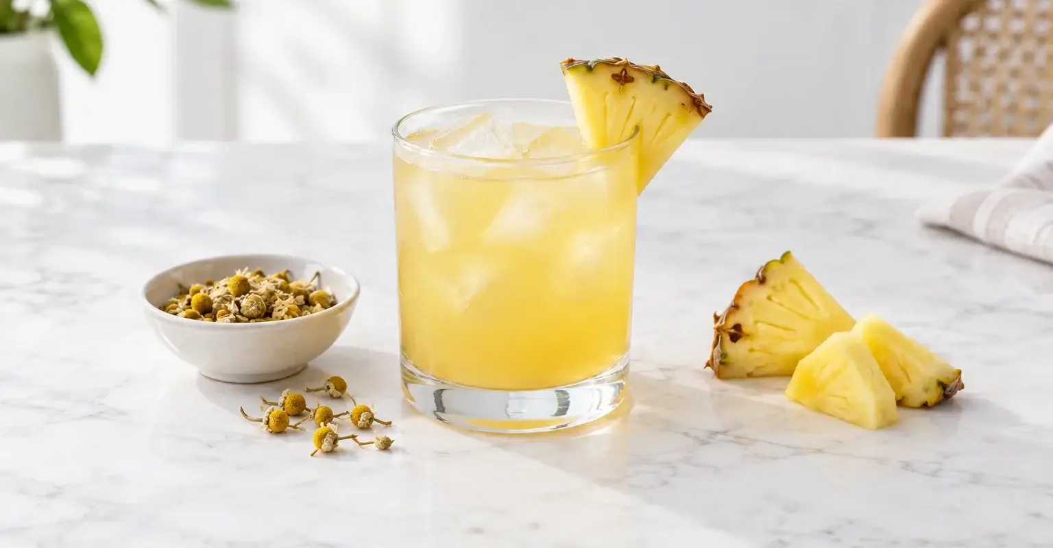 Infusión fría de piña con manzanilla en una presentación ilustrativa