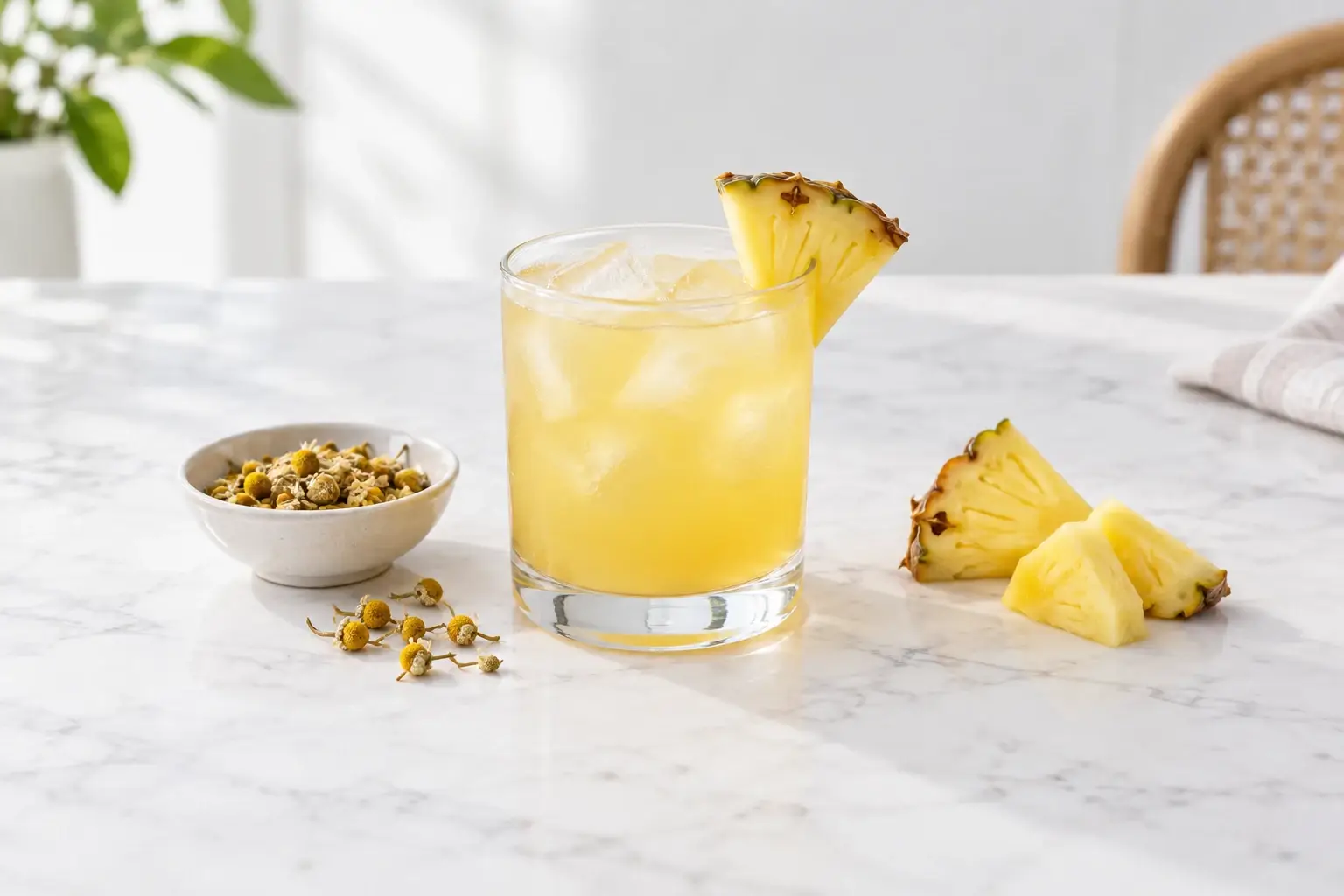 Infusión fría de piña con manzanilla en una presentación ilustrativa