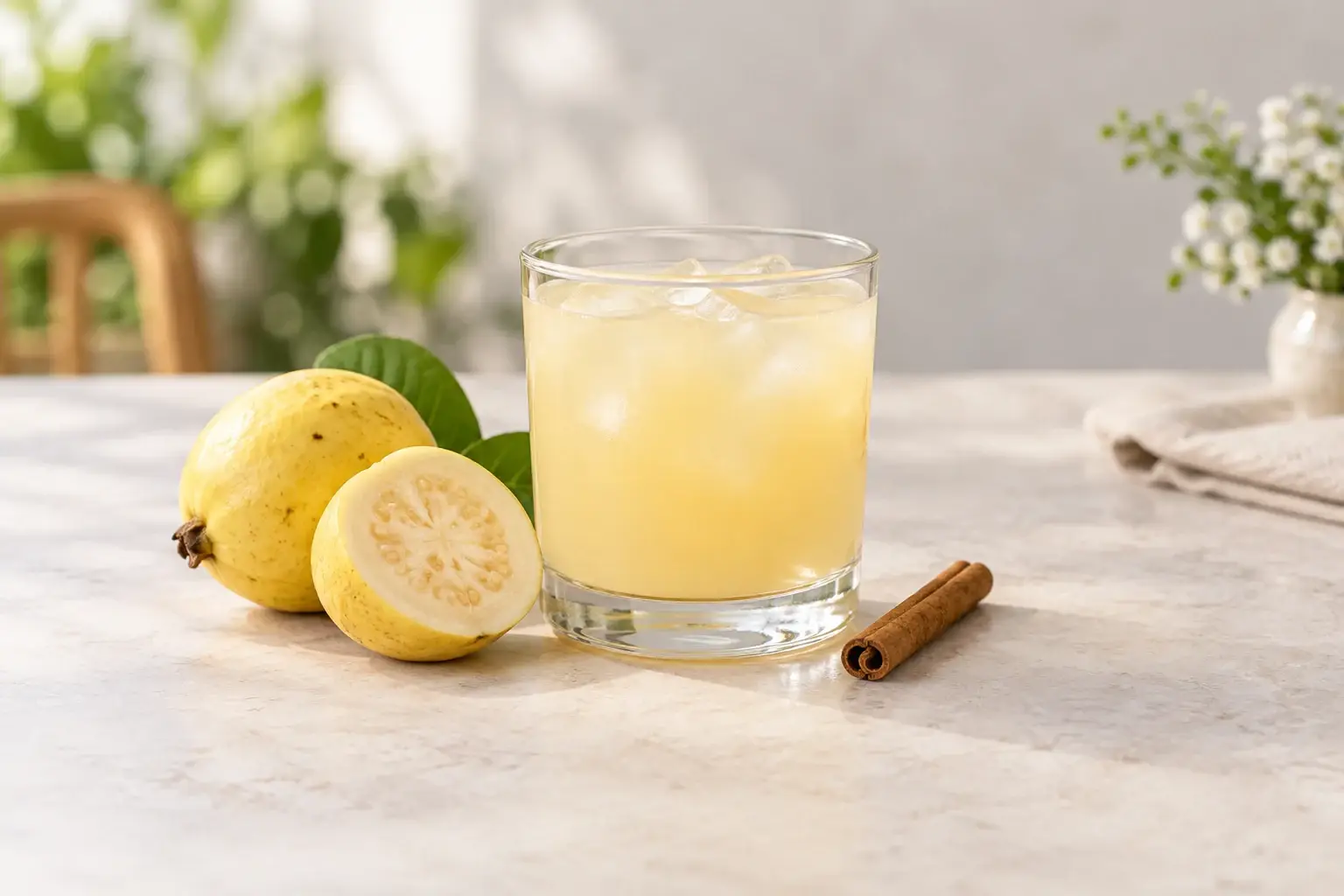 Infusión fría de guayaba con canela con el vaso completo junto a guayabas y canela