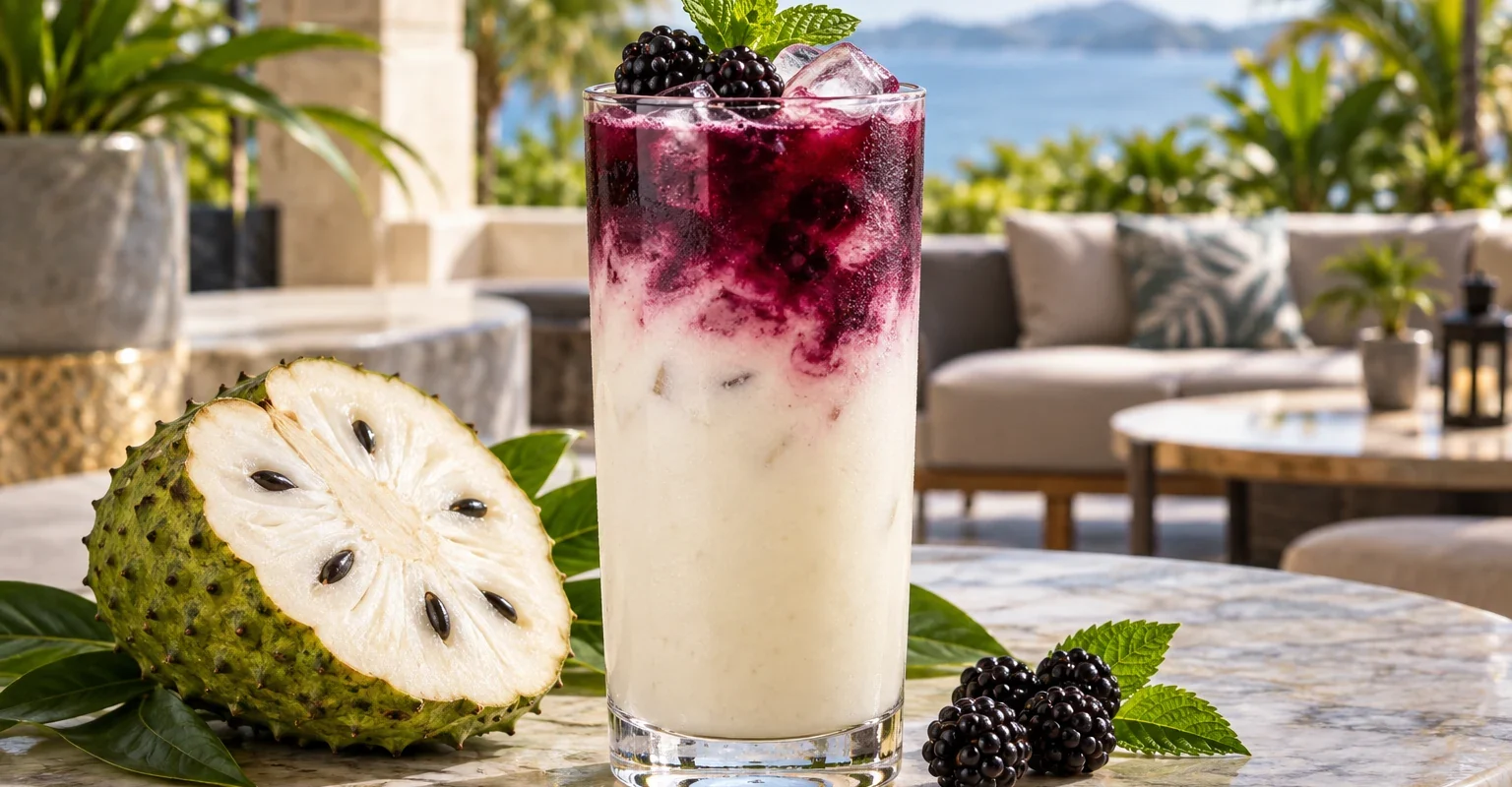 Mocktail de guanabana con zarzamora y pulpa Pulpamia para hoteles