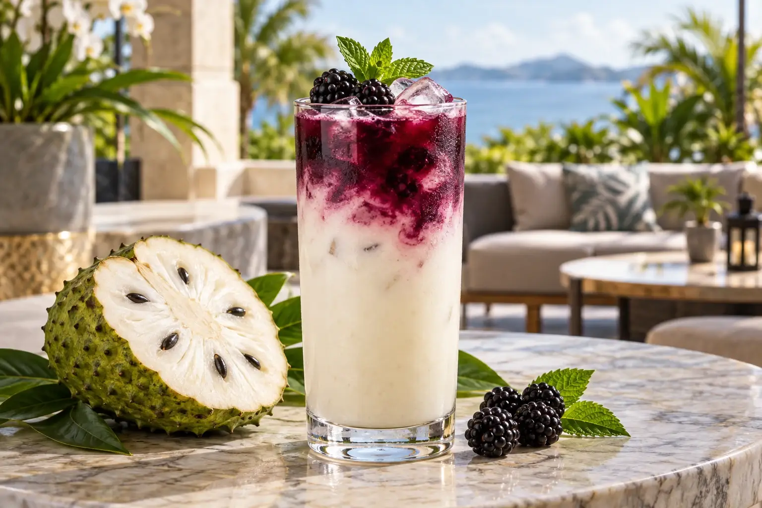 Mocktail de guanabana con zarzamora y pulpa Pulpamia para hoteles