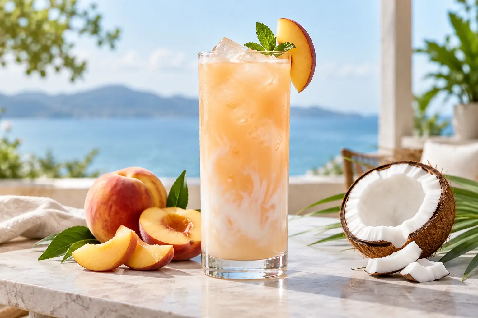 Refresher de durazno con coco y pulpa Pulpamia para restaurantes