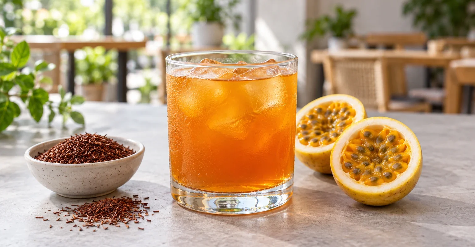 Rooibos frío con maracuyá en vaso con hielo junto a fruta e infusión seca, ilustración
