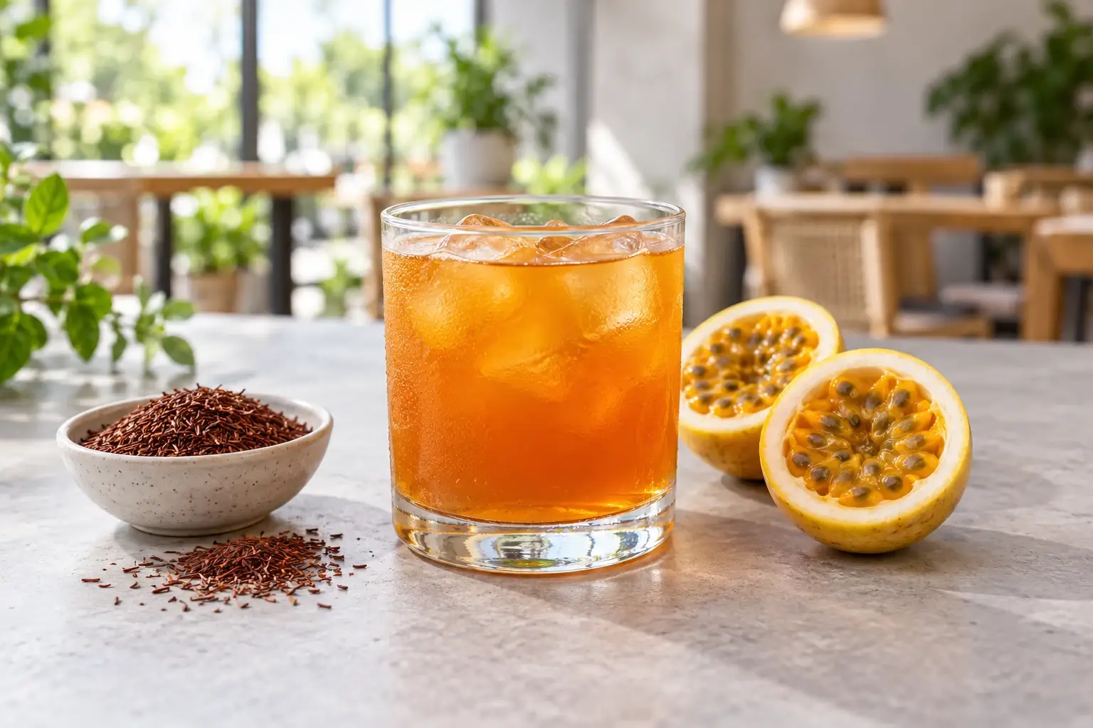 Rooibos frío con maracuyá en vaso con hielo junto a fruta e infusión seca, ilustración