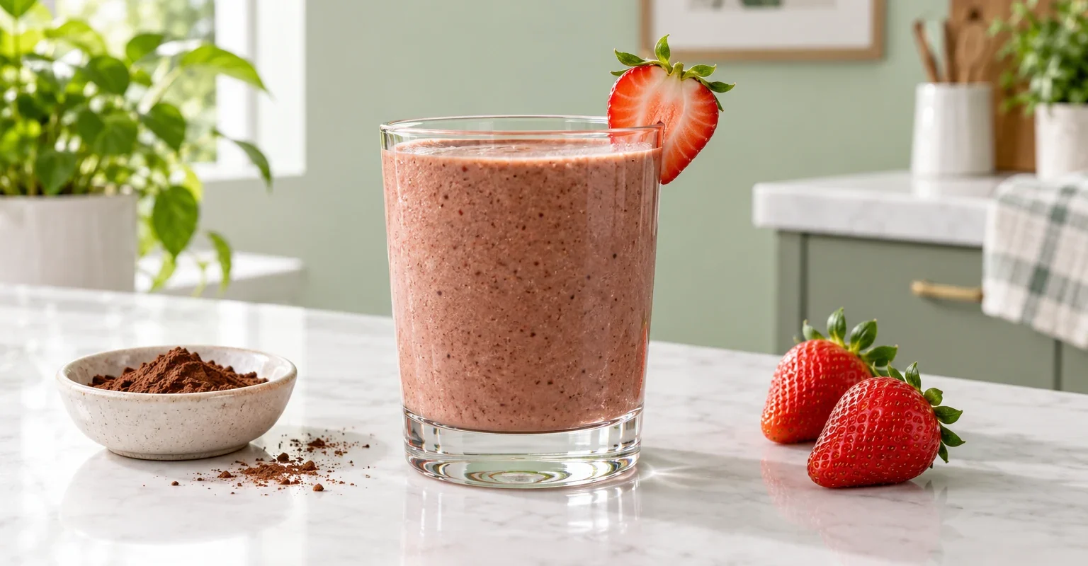 Smoothie de fresa con cacao en vaso junto a fresas y cacao en polvo, ilustración