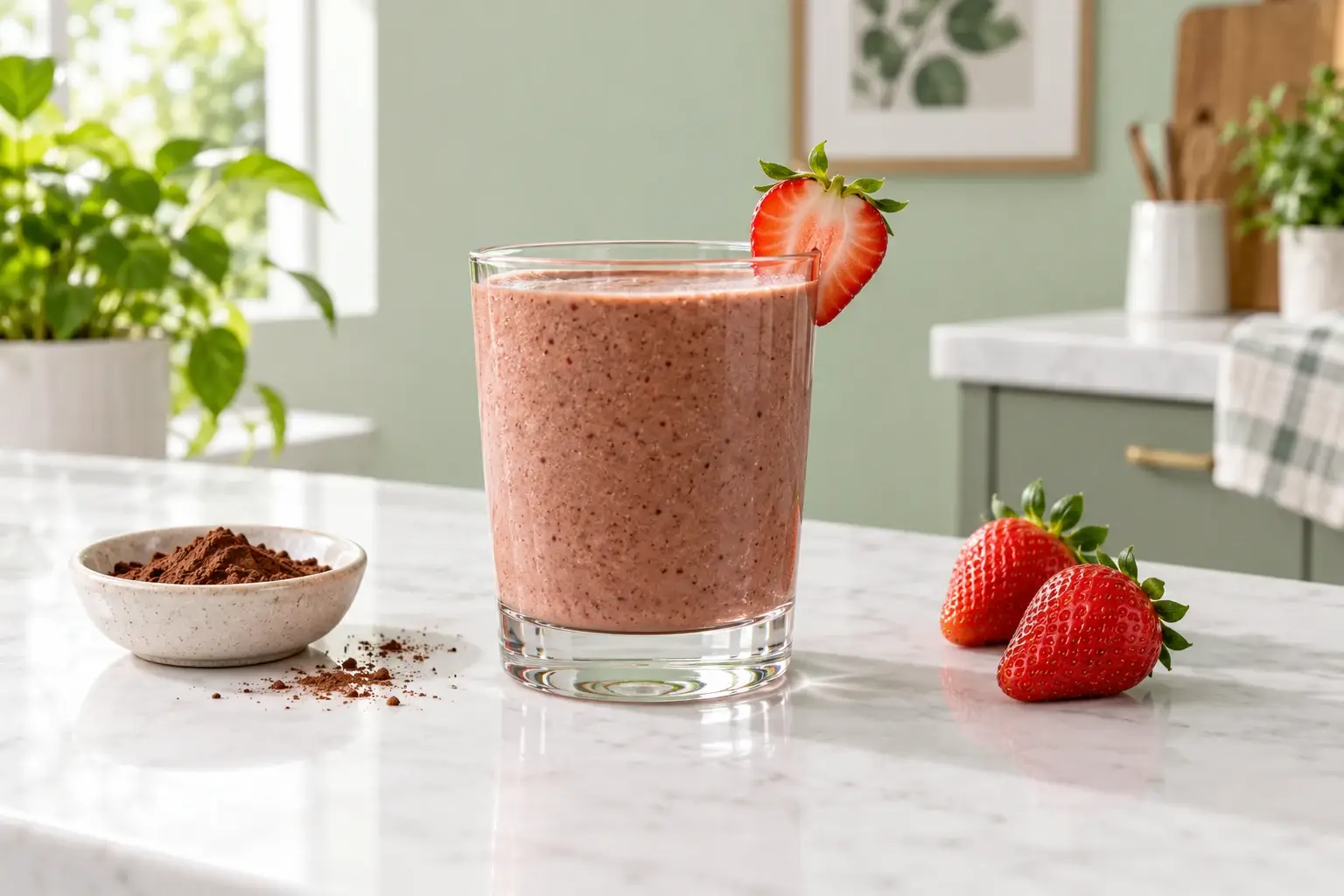 Smoothie de fresa con cacao en vaso junto a fresas y cacao en polvo, ilustración