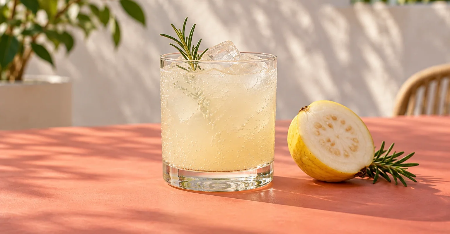 Soda de guayaba con romero en vaso con hielo, burbujas y una ramita aromática, ilustración
