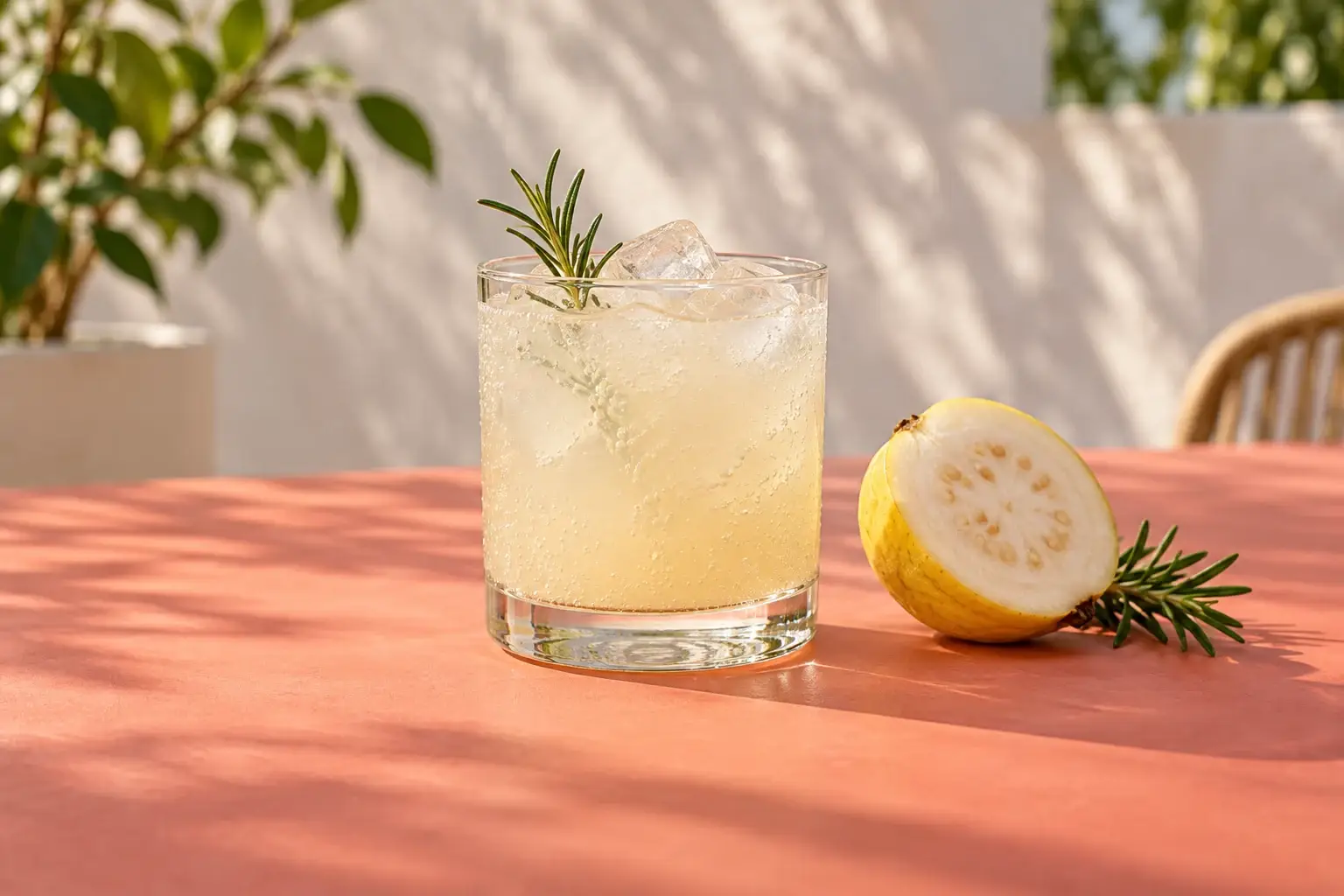 Soda de guayaba con romero en vaso con hielo, burbujas y una ramita aromática, ilustración