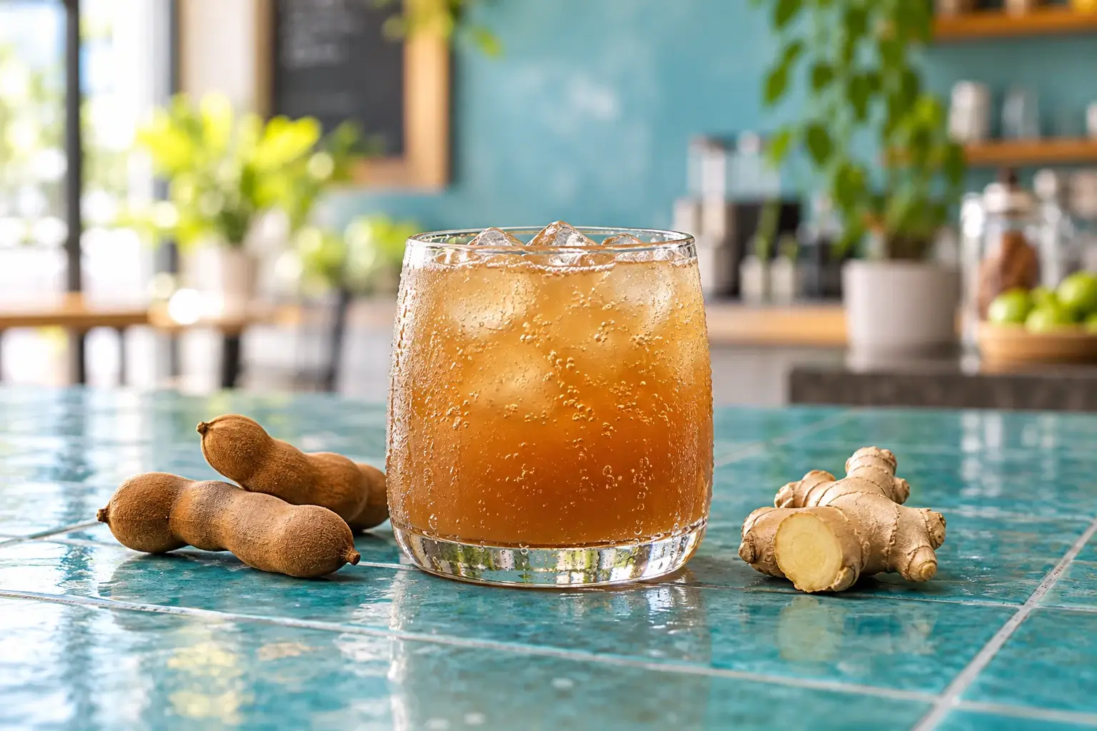 Soda de tamarindo con jengibre en una presentación ilustrativa