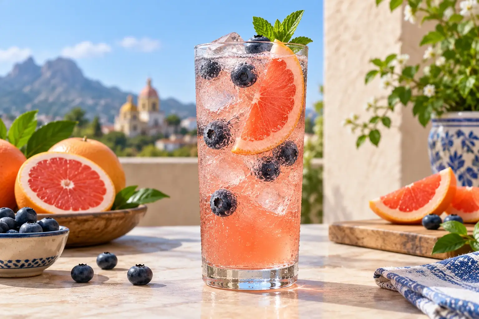 Soda de toronja con blueberry y pulpa Pulpamia para restaurantes
