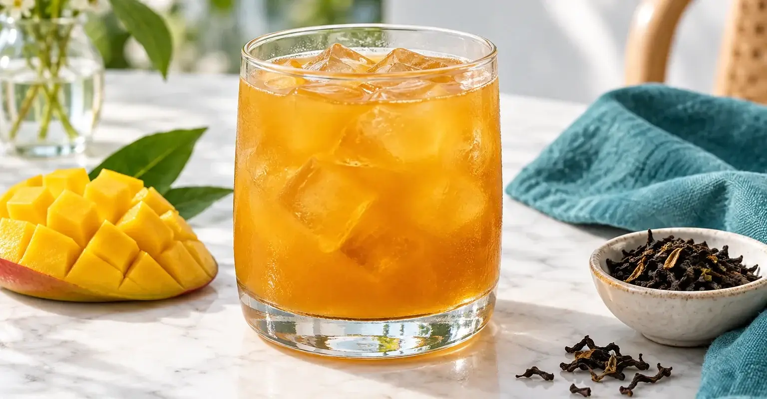 Té Earl Grey frío con mango en vaso con hielo junto a mango y té seco, ilustración