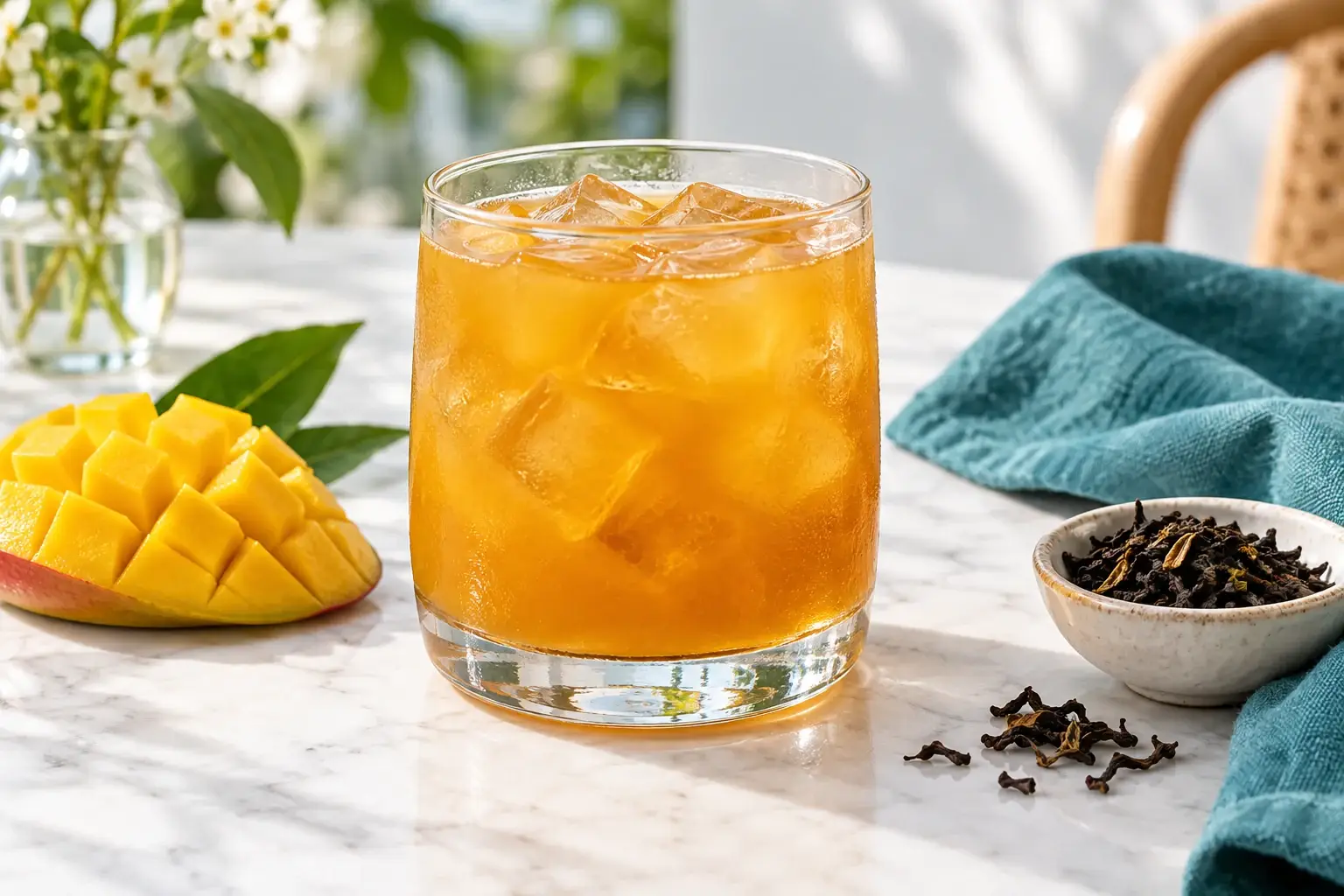 Té Earl Grey frío con mango en vaso con hielo junto a mango y té seco, ilustración