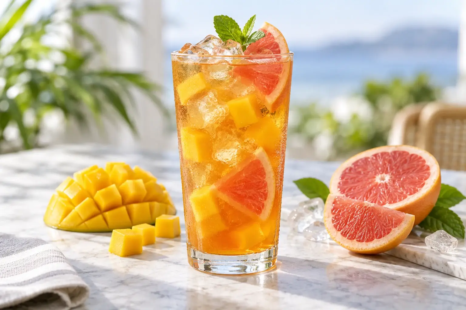 Te frio de mango con toronja y pulpa Pulpamia para cafeterias