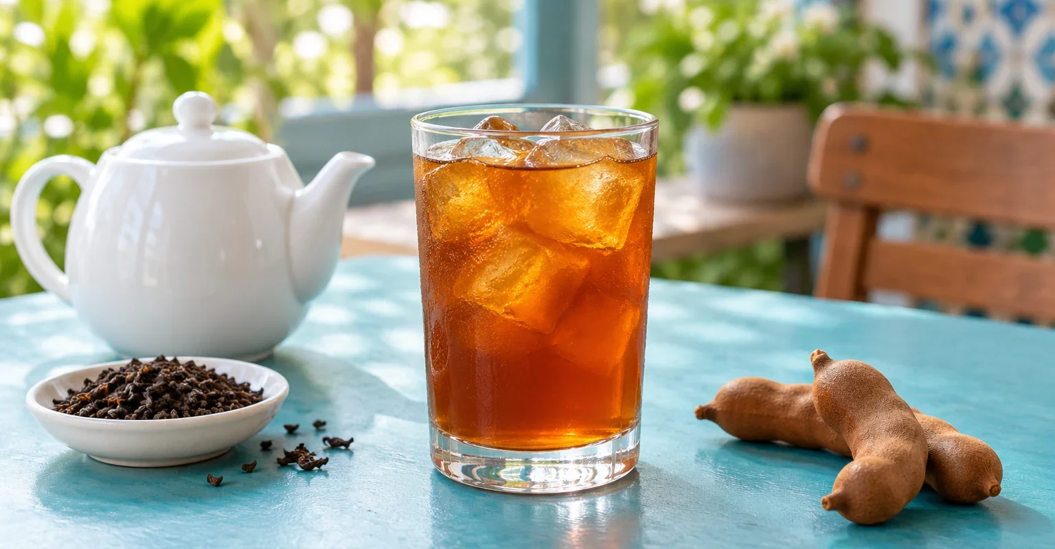 Té negro frío con tamarindo en una presentación ilustrativa