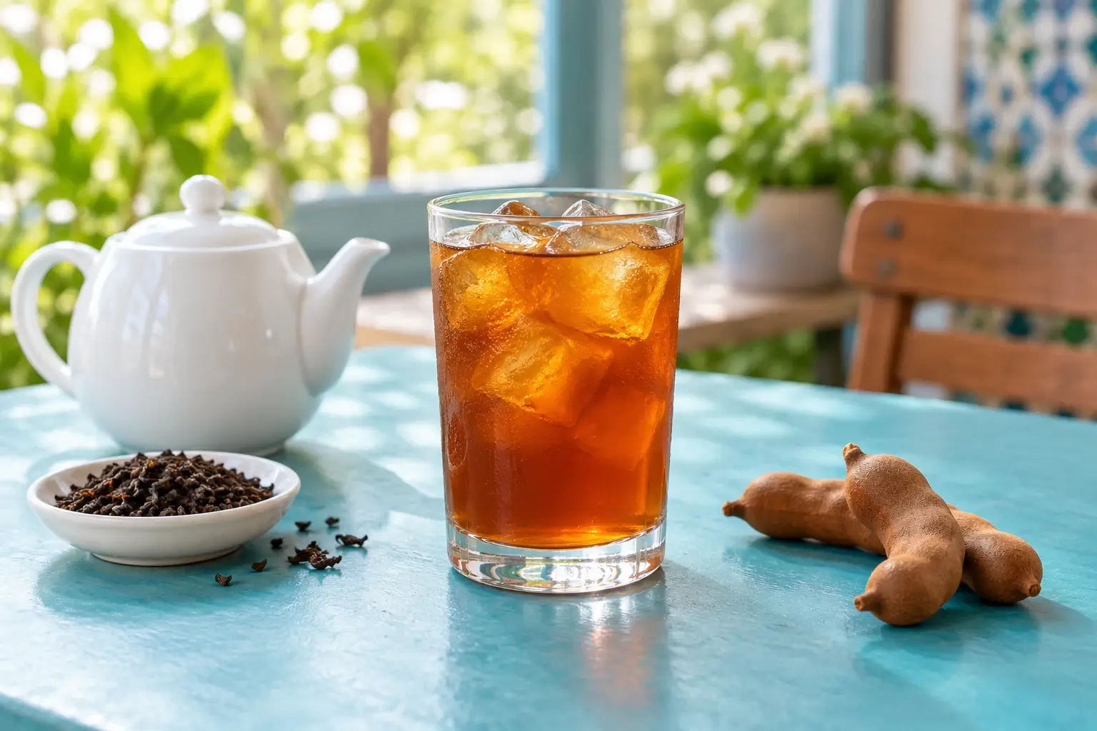 Té negro frío con tamarindo en una presentación ilustrativa