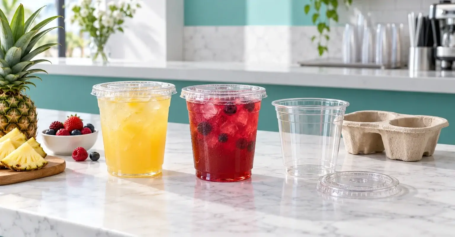 Vasos y tapas para bebidas frías: bebidas frutales y envases genéricos en una barra, ilustración
